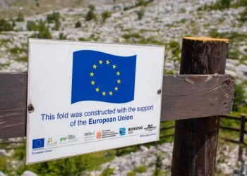 Biokovo,Croatia July 2020 Sign indicating that the area was constructed using the funds provided by European Union