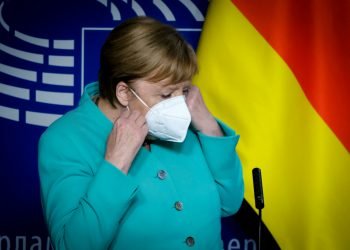 German Chancellor Angela Merkel and European Parliament President David Sassoli attend in joint press conference at the European Parliament in Brussels, Belgium on July 8, 2020.