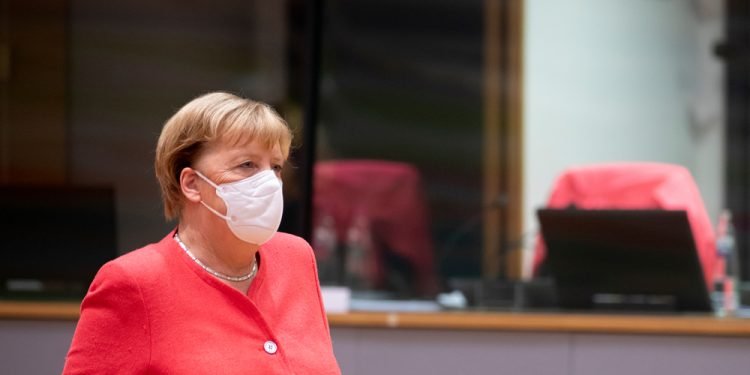 German Chancellor Angela Merkel arrives for the second day meeting of the European Union (EU) special summit in Brussels, Belgium, on Oct. 2, 2020.