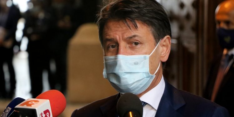 Italian Prime Minister Giuseppe Conte during a press interview. Taranto, Puglia, Italy - 12/10/2020