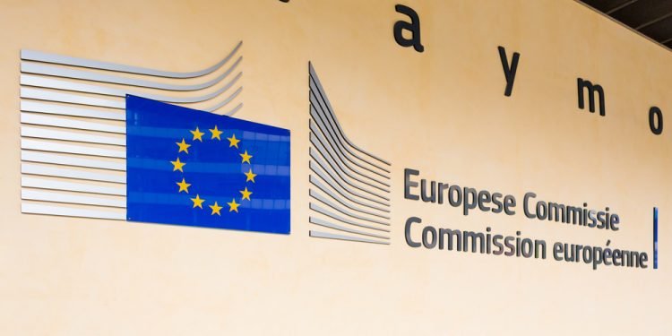 BRUSSELS, BELGIUM - AUG 9, 2020: Berlaymont building entrance. Berlaymont houses headquarters of European Commission.