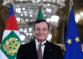 Mario Draghi, Italy's prime minister-designate, smiles at a news conference following a meeting with Italy's President Sergio Mattarella in Rome, Italy, on Friday, Feb. 12, 2021. Draghi agreed to take over as Italys next prime minister, naming his ministers as he prepares to head a new government that will prioritize the pandemic, a struggling economy and moving ahead with European integration. Photographer: Alessandro Di Meo/ANSA/Bloomberg via Getty Images