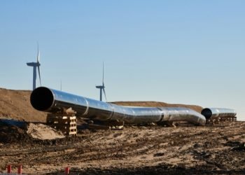 Construction site of the European natural gas pipeline EUGAL near Wrangelsburg (Germany) on 16.02.2019, this pipeline begins in Lubmin at the landing site of the Nord Stream 1 and 2 Pipline.