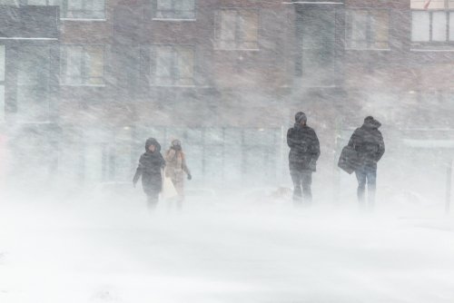 The blizzard, strong wind, sleet, against the background of houses blurred silhouettes of people, they try to hide from bad weather, overcome all difficulties of severe climate. go to the bus stop.