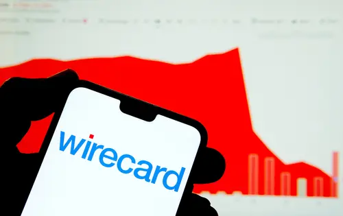 Stone /United Kingdom - June 26 2020: Wirecard logo on smartphone and Wirecard AG stock price graph (3 month period, as of June 26 2020) on blurred background. Not a montage.