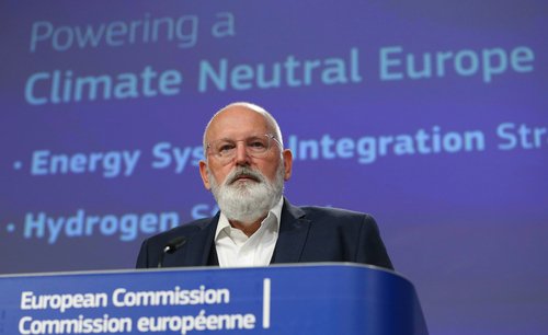 EU Commissioner Frans Timmermans and EU commissioner for Energy Kadri Simson give a press conference to present a clean hydrogen strategy for Europe at the EU headquarters in Brussels, on July 8, 2020