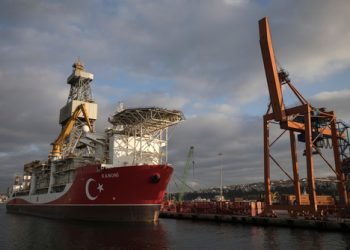 ISTANBUL, TURKEY - OCTOBER 22, 2020: Turkey's 3rd drill ship named Kanuni arrived at Port of Haydarpasa based in Istanbul. Turkey is currently exploring in the Eastern Mediterranean and Black Sea.