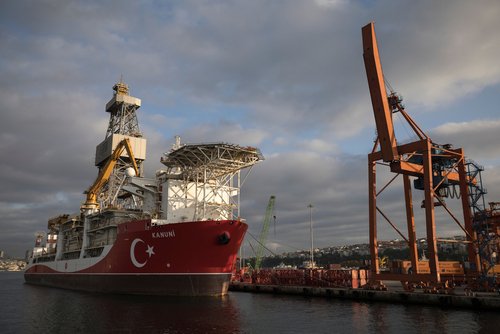 ISTANBUL, TURKEY - OCTOBER 22, 2020: Turkey's 3rd drill ship named Kanuni arrived at Port of Haydarpasa based in Istanbul. Turkey is currently exploring in the Eastern Mediterranean and Black Sea.