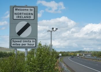 Republic of Ireland and Northern Ireland border sign on M1 motorway. Ireland. May 2017