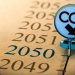 Special Pushpin with the text co2 pined on a timeline in front of the year 2050. Concept of climate plan and carbon dioxide reduction.