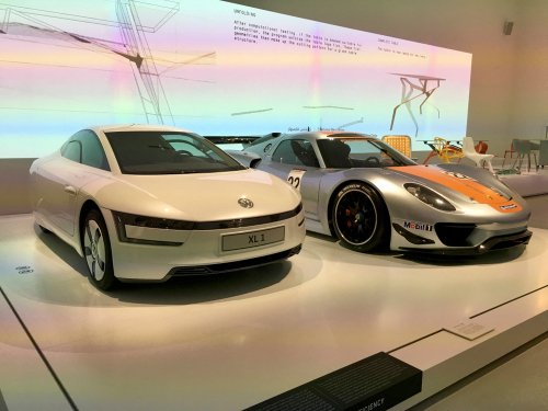 Doha, Qatar - 7th Oct 2017: VW XL1 and Porsche 918 RSR, on display at exhibition "Driven by German Design". It explores how the design in Germany has changed over the past several decades