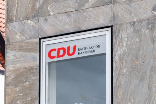 Hannover, Germany - June 8, 2019: Sign of Christian Democratic Union of Germany (German: Christlich Demokratische Union Deutschlands or CDU).