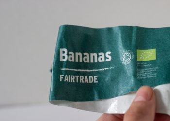 December 2019. Holding a Organic Bananas Fairtrade Green Label.