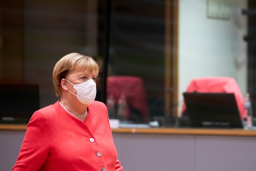 German Chancellor Angela Merkel arrives for the second day meeting of the European Union (EU) special summit in Brussels, Belgium, on Oct. 2, 2020.