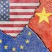 Faded USA VS EU VS China national flags icon isolated on weathered broken cracked cement wall background, abstract international politics relationship and friendship conflicts texture wallpaper