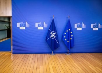 BRUSSELS.BELGIUM-122020 : nato flag and european union flag.