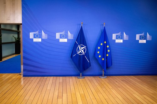 BRUSSELS.BELGIUM-122020 : nato flag and european union flag.