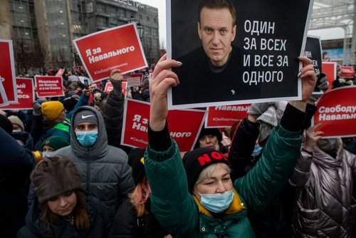 Moscow, Russia. 23rd of January, 2021 People take part in an unauthorized rally in support of Russian opposition leader Alexei Navalny in Tverskaya Street in the central Moscow, Russia