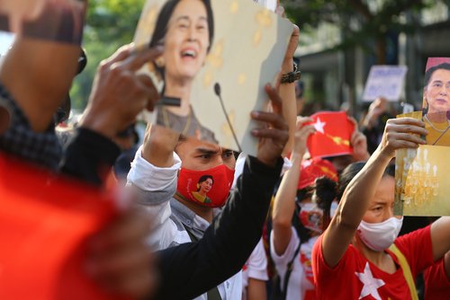 2021,February,1,Bangkok,Thailand,NLD supporters in Bangkok are protesting outside Myanmar Embassy against the military coup 17.06 Police dissolve rallies in front of the Myanmar embassy Initially.