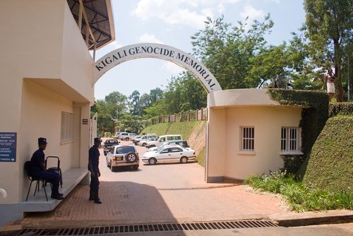 KIGALI, RWANDA - JANUARY 04, 2014: Two unidentified guards in front of the Kigali Genocide Memorial Center, Rwanda