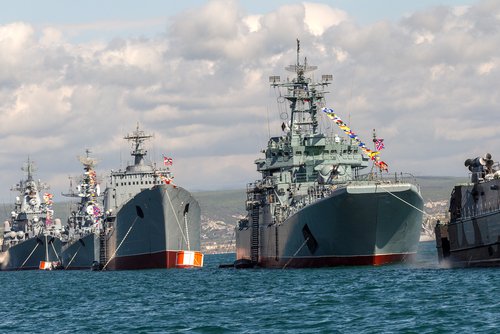 Sevastopol, Russia - May 9, 2015: Marine Parade warships Russian Black Sea Fleet. Day of the Victory of the Great Patriotic War. 70 years of the Great Victory over fascism. Russian navy