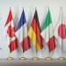 G7 summit or meeting concept. Row from flags of members of G7 group of seven and list of countries, 3d illustration