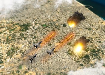 Israeli air raid on the Gaza Strip, Palestine. Gaza city. Combat aircraft bombing sensitive targets within the Gaza Strip. Explosions caused by missiles. Satellite view. 3d render