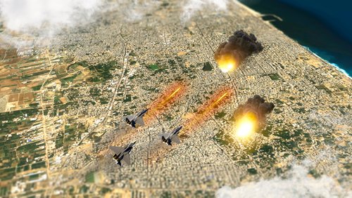 Israeli air raid on the Gaza Strip, Palestine. Gaza city. Combat aircraft bombing sensitive targets within the Gaza Strip. Explosions caused by missiles. Satellite view. 3d render