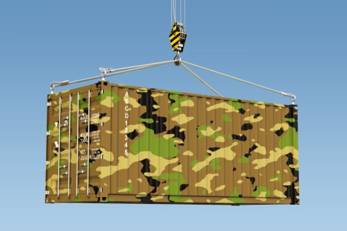 Weapon Delivery concept. Military container hanging on the crane hook against blue sky, 3d rendering