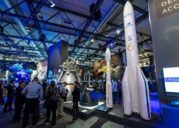 BERLIN - APRIL 26, 2018: Space Pavilion. Mockups of missile carriers European Space Agency (Ariane, Soyuz). Exhibition ILA Berlin Air Show 2018