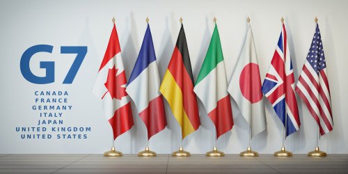 G7 summit or meeting concept. Row from flags of members of G7 group of seven and list of countries, 3d illustration