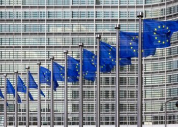 Row of EU Flags in front of the European Union Commission building in Brussels