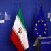 Brussels, Belgium. 26th November 2018. European flag and flag of Islamic Republic of Iran stand in headquarters of EU Commission.