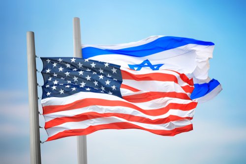 Flags of the USA and Israel against the background of the blue sky