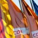 Berlin, Germany - 2019 April 19: Orange Flag of the German Conservative Political Party "CDU" (Christian Democratic Union Germany), together with the German and the European Union's Flag - Backlight