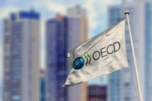 August 23, 2019, Brazil. In this photo illustration the Organisation for Economic Co-operation and Development (OECD) soon appears on a flag.