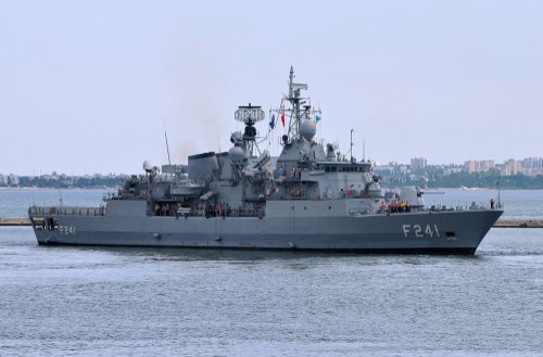 Odessa / Ukraine - July 09 2019: The participant of "Sea Breeze 2019" exercises in the Black Sea Turkish Navy Yavuz class MEKO200 frigate TCG TURGUTREIS (F-241) in port of Odessa