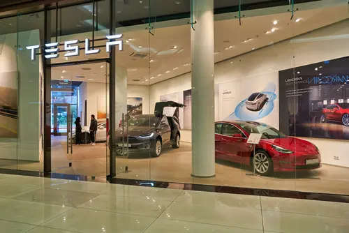 BERLIN, GERMANY - CIRCA SEPTEMBER, 2019: entrance to Tesla showroom in Mall of Berlin.