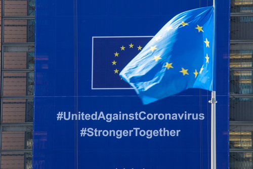 BRUSSELS, Belgium - fourth of may 2020 : The "Coronavirus - Global Response" banner displayed on the front of the Berlaymont building, the headquarters of the European Commission.