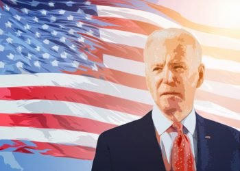 Cagliari, Italy 4/11/2020. Portrait of Joe Biden new President of USA 2020. Joe Biden wins presidential election 2020. Biden with american flag on background. Restore the soul of America.