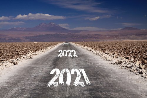 Long hard stony way concept, climate change target: view on endless dirt road through dry desert with numbers of years 2021, 2022, 2023