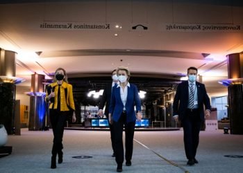 BRUSSELS,BELGIUM-04 13 2021 : Ursula von der Leyen arriving at the european parliament for a extraordinary conference of presidents following the sofagate in turkey.