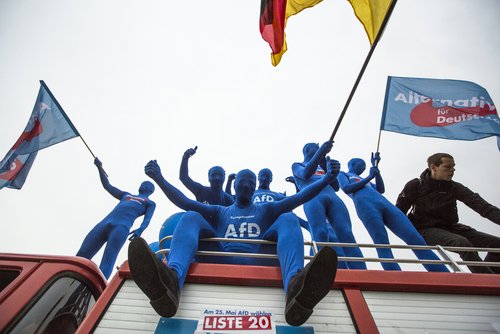 BERLIN, GERMANY - MAY 23, 2014: Activists rally in support of AfD (Alternative for Germany) - political party founded in 2013. Won 7 of Germany's 96 seats for European Parliament in May 2014 election.