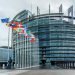 STRASBOURG, FRANCE - DECEMBER 21, 2014: Exterior of European Parliament (Louise Weiss building, 1999) in Wacken district of Strasbourg. It is one of biggest and most visible buildings of Strasbourg.