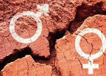 Gender symbols on earth background with a big crack, gender gap concept