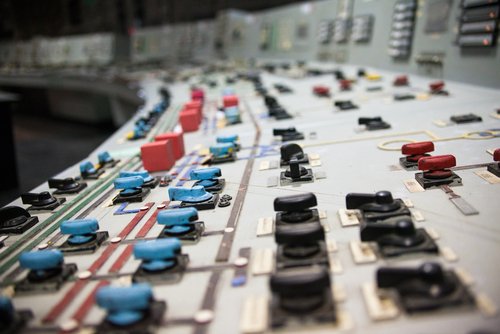 Control panel of the nuclear power plant. Close up.