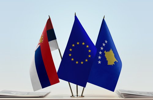 Flags of Serbia European Union and Kosovo