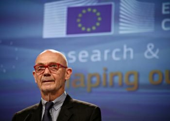 Press conference by Pascal Lamy, President Emeritus of the Jacques Delors Institute, on the report on the role of research and innovation for Europe's future in Brussels, Belgium on Jul. 3, 2017.