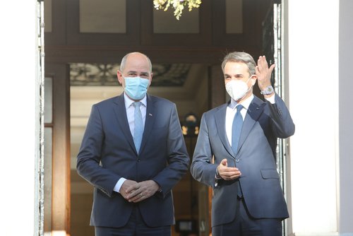 Athens Greece, May 10, 2021 Meeting between Prime Minister of Greece Kyriakos Mitsotakis and Prime Minister of Slovenia Janez Janša at Maximou Mansion