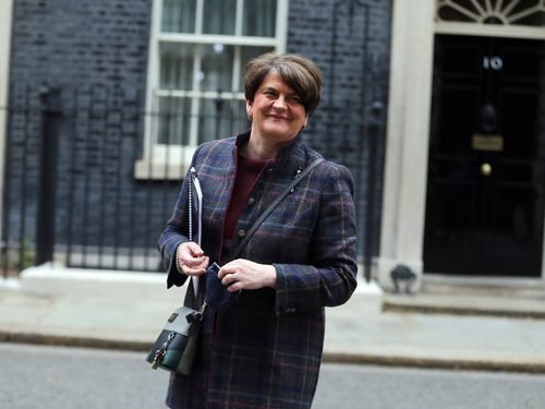 London, United Kingdom - May 20 2021: The  outgoing Democratic Unionist Party leader and First Minister of Northern Ireland Arlene Foster arrives in Downing Street to meet UK Prime Minister.